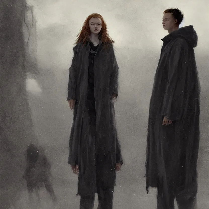 Prompt: sadie sink dressed in oversized man's coat and hoodie : costume design concept art for a scifi cyberpunk film. by greg rutkowski, john j. park, jason chan, noah bradley, feng zhu, gintas galvanauskas, gustave courbet, rosa bonheur, edward hopper. sharp focus, cinematic atmosphere, detailed and intricate, perfect anatomy