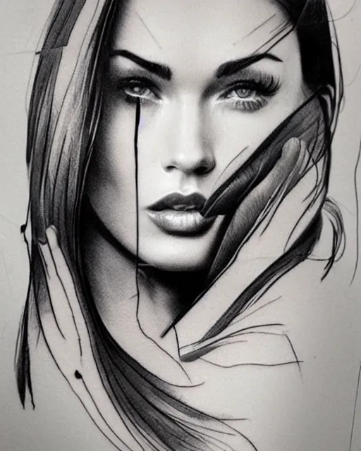 Image similar to tattoo sketch of megan fox face mash up with beautiful mountains, in the style of dan mountford, double exposure, hyper realistic, amazing detail, black and white