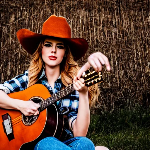 Prompt: a female fluffy humanoid fox animal, wearing cowboy hat, wearing plaid shirt, playing guitar, in a field, barn in background, album cover style