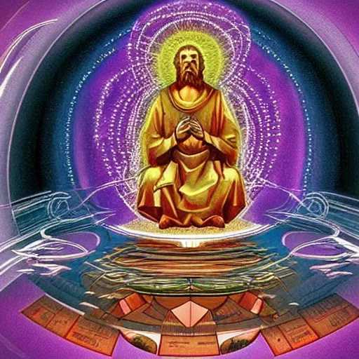 Image similar to god sitting in the center of the multi dimensional latent space conceptualizing our collectively designed divine imaginations