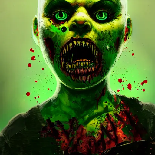 Image similar to angry fat zombie female, full body portrait, neon - green vomit, horror core, apocalyptic, feeling of grimdark, sharp focus, fiction, hyper detailed, digital art, trending in artstation, cinematic lighting, studio quality, smooth render, unreal engine 5 rendered, octane rendered, art style and nixeu and wlop and krenz cushart