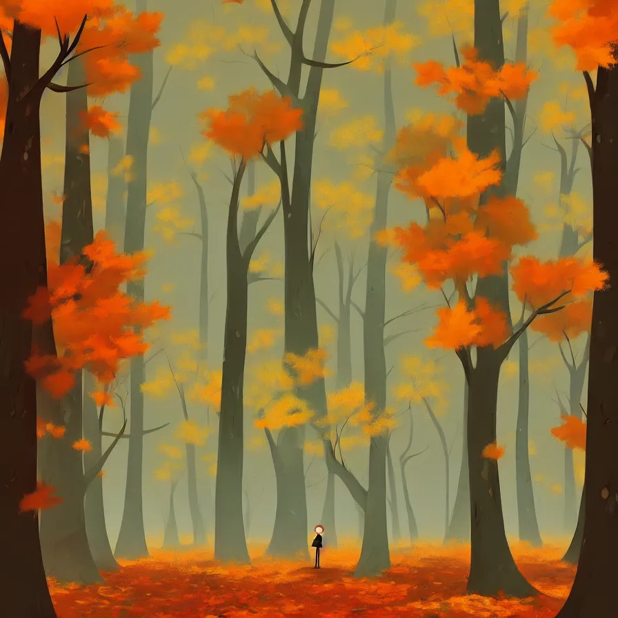 Prompt: goro fujita ilustration a forest full of leaves on the ground, tall autumn trees that let in small streaks of light to the ground, painting by goro fujita, sharp focus, highly detailed, artstation