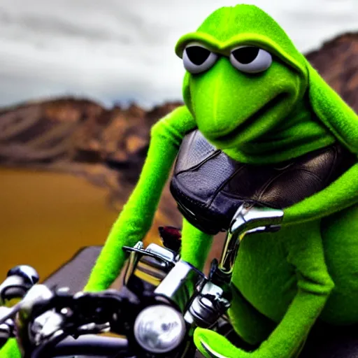 Image similar to slimy kermit the frog leaning against a motorcycle. gq magazine wide angle photograph.