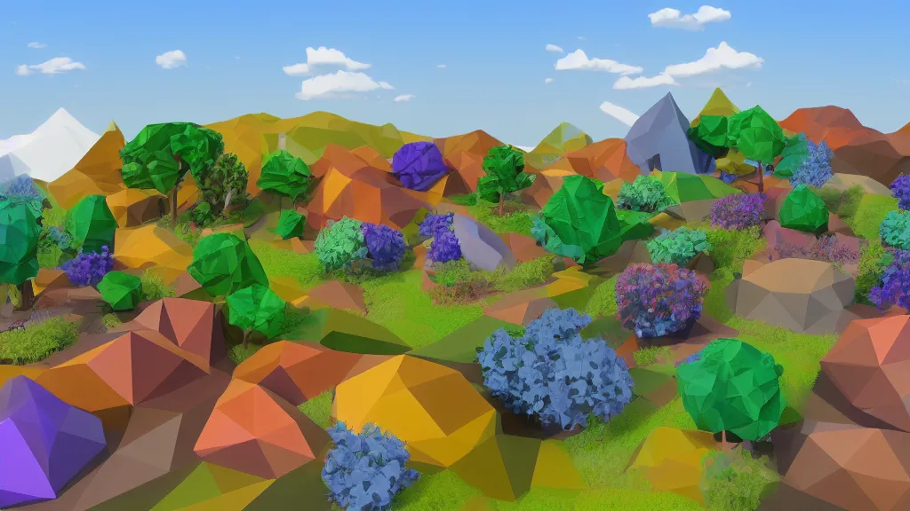 Image similar to an early 3 d low polygon garden with blue skies, landscape, artstation, nathan fowkes * *