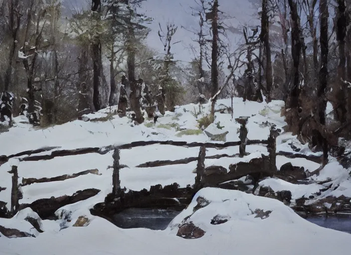 Image similar to watercolor of rustic stone bridge winter landscape, glistering, high detailed art by dennis miller bunker, work by anders zorn, wonderful masterpiece by greg rutkowski, beautiful cinematic light, american romanticism by greg manchess, creation by tyler edlin