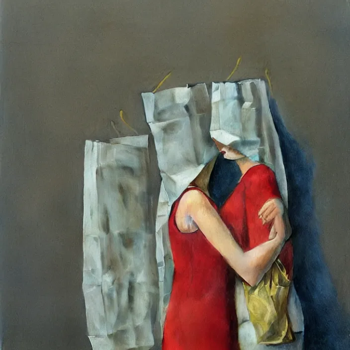 Image similar to two women hugging with a paper bag over the head dressed in plastic bags, highly detailed, artstation, art by, , edward hopper, Zdzislaw Beksinski, highly detailed