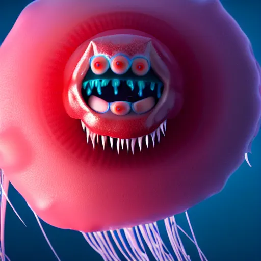 Image similar to a beautiful extreme wide photograph of a jellyfish monster with huge eyes and sharp teeth pole dancing, highly detailed, smooth, very very clean, 8 k, cinematic movie photograph, cinematic lighting, octane render, zbrush central contest winner, 3 d maya render