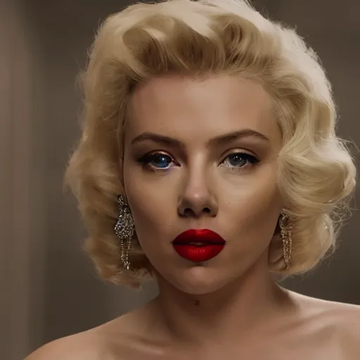 Image similar to stunning awe inspiring scarlett johansen as marilyn monroe, movie still 8 k hdr atmospheric lighting