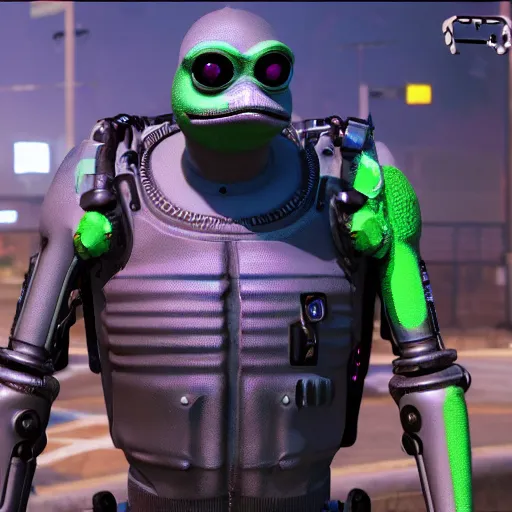 Image similar to pepe frog cyborg cybernetic pepe frog Cyberpunk 2077. CP2077. 3840 x 2160