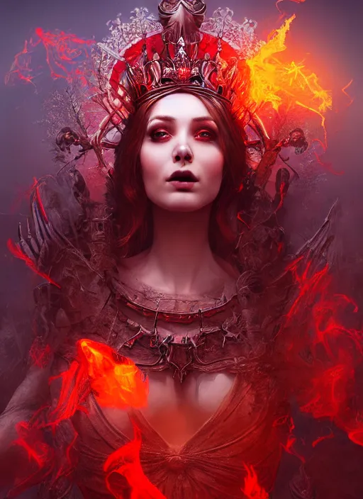 Image similar to a beautiful detailed 3 d matte painting, variations around female, queen, necromancer, symmetrical features, vertical portrait, skeleton, whirling smoke, embers, red adornements, red torn fabric