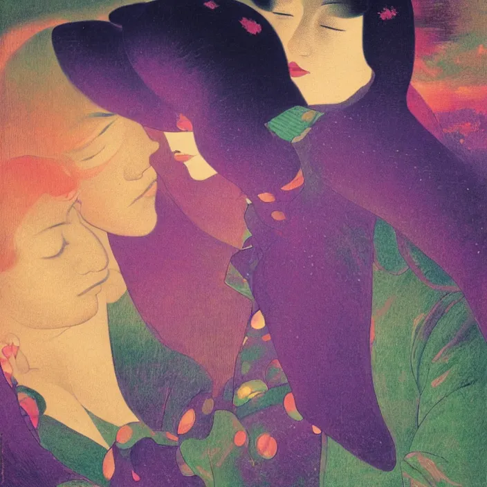 Image similar to close portrait of woman and man kissing. aurora borealis. iridescent, vivid psychedelic colors. painting by georges de la tour, agnes pelton, utamaro, monet