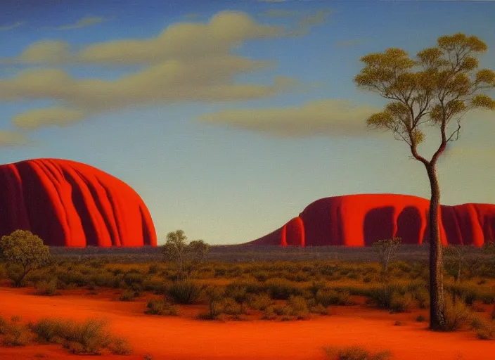 Prompt: uluru, australia in the style of hudson river school of art, oil on canvas