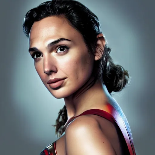 Image similar to an potrait of gal gadot play Man of Steel replacing Henry Cavill, she looking to camera, photorealistic, 4k