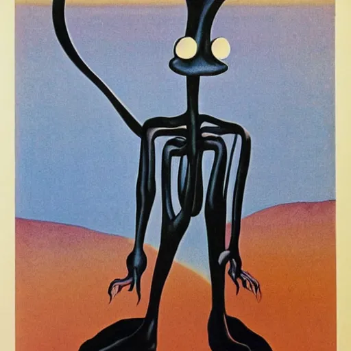 Image similar to significantly tall skinny monster with very long legs, curved in shape, by most famous surreal artist