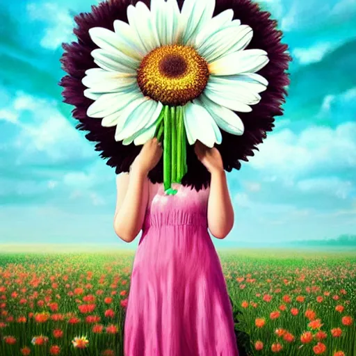 Image similar to giant daisy flower for a head, portrait of girl in flower field, holding daisy, surreal photography, sunrise, impressionist painting, colorful clouds, digital painting, artstation, simon stalenhag, flower face