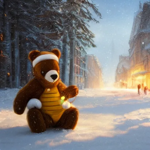 Prompt: smiling brown bear playing yellow Flying-V in hat in winter at streets of Moscow, sharp focus, fantasy style, octane render, volumetric lighting, 8k high definition, by greg rutkowski, highly detailed, trending on art Station