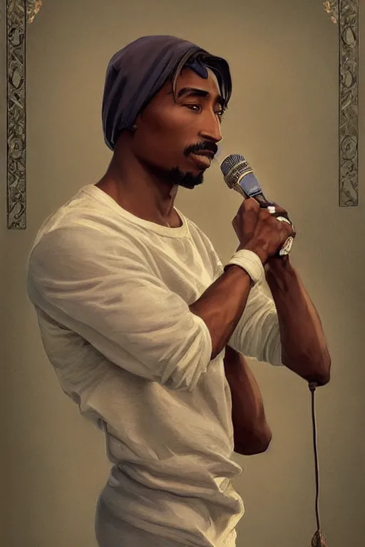 Image similar to beautiful cottagecore male tupac holding a microphone. intricate, elegant. highly detailed, digital painting, artstation, concept art, smooth, sharp, focus, illustration. . art by artgerm and greg rutkowski and alphonse mucha