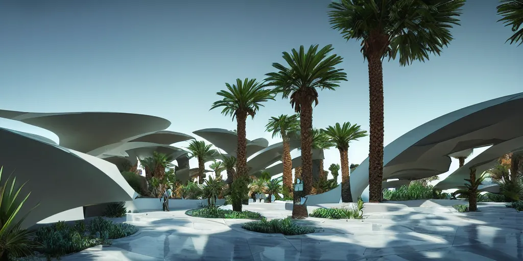 Prompt: faceted roof planes lift and descend creating shade and architectural expression, highly detailed, cyberpunk, situated in desert oasis, vivid colors, lush vegetation