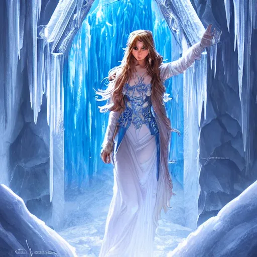 Image similar to ice princess standing in doorway to blue ice glacier fortress, fantasy, intricate, elegant, highly detailed, digital painting, artstation, concept art, matte, sharp focus, illustration, art by artgerm and greg rutkowski and alphonse mucha