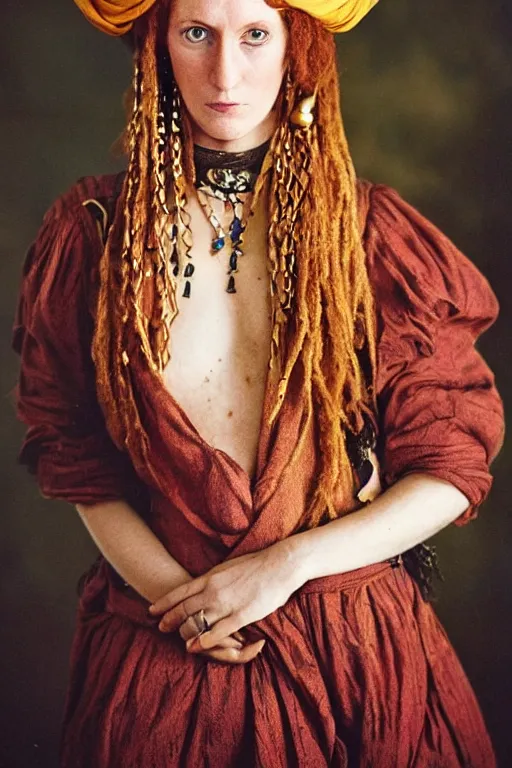 Prompt: 18th Century Barbary Coast pirate beautiful female model with amazing Ginger hair and Golden hooped earrings photography by Steve McCurry