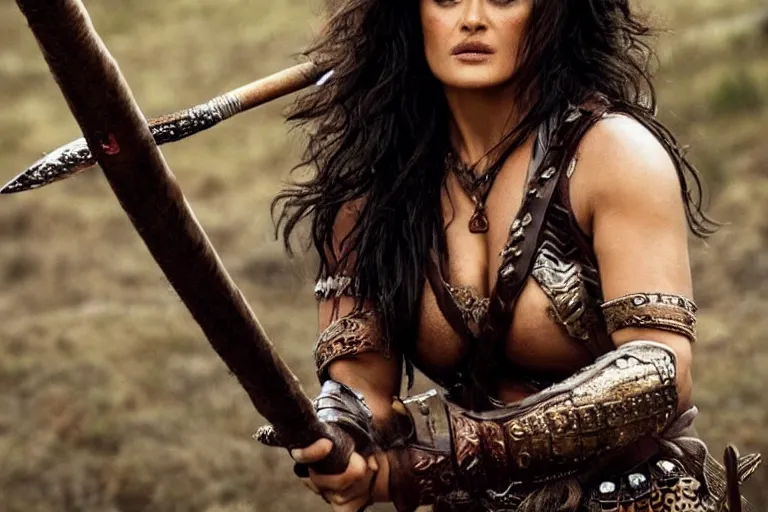 Prompt: epic photo of salma hayek as beautiful barbarian warrior princess in a battle scene, detailed eyes, neutral expression, depth of field, photorealistic, cinematic lighting, lovely bokeh, warm colours, dusk, movie quality