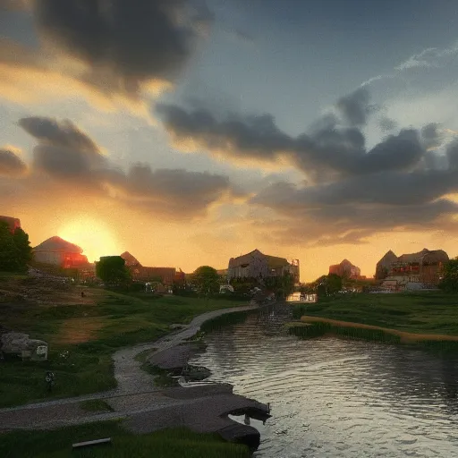 Image similar to realistic photo of village by the river, sunset, detailed, trending on artstation
