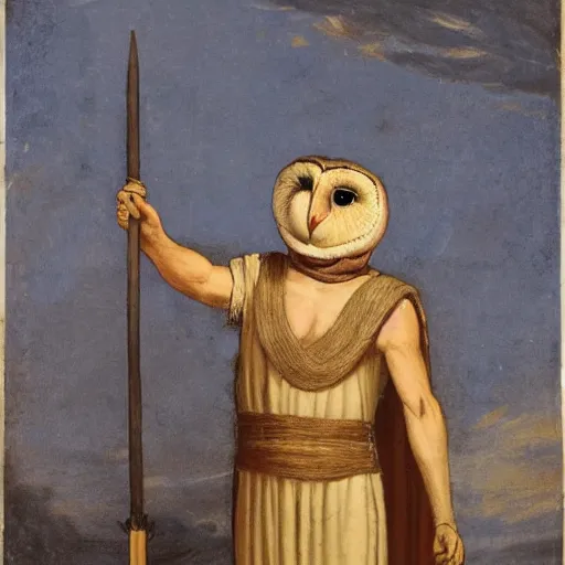 Image similar to humanoid barn owl wearing a roman toga and holding a javelin