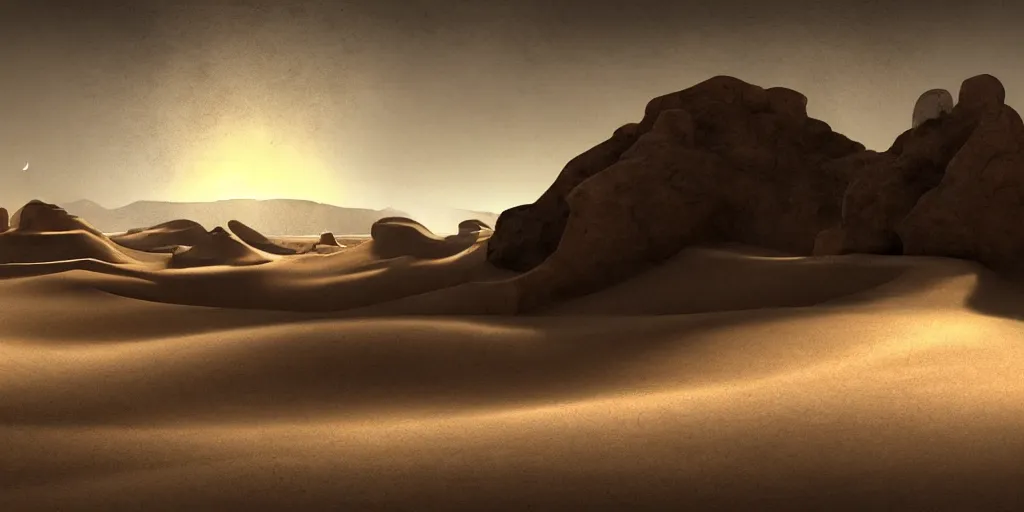 Image similar to a wide desertic matte painting landscape with ancient temple buried in the sun. big sand dunes. under a white sky with black stars. by goya. eerie lighting. photorealistic. artstation. hd.