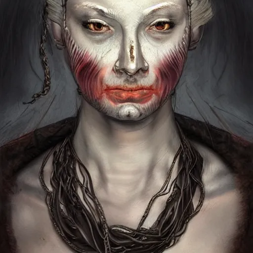 Image similar to portrait of a Shibari rope wrapped face and neck, headshot, insanely nice professional hair style, dramatic hair color, digital painting, of a old 15th century, old cyborg merchant, amber jewels, baroque, ornate clothing, scifi, realistic, hyperdetailed, chiaroscuro, concept art, art by Franz Hals and Jon Foster and Ayami Kojima and Amano and Karol Bak,