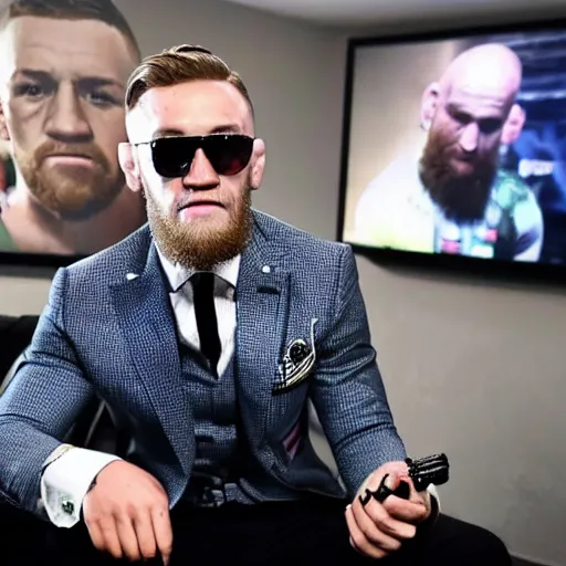 Image similar to Conor McGregor playing Call of Duty with his boys at 3 am, gaming all night