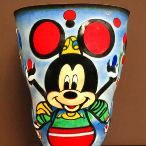 Image similar to vase work, Ancient vase art of Mickey Mouse in art style of chinese art, fragmented clay firing chinese vase with an Mickey Mouse in the style of ancient chinese art, ancient chinese art!!!!! chinese art