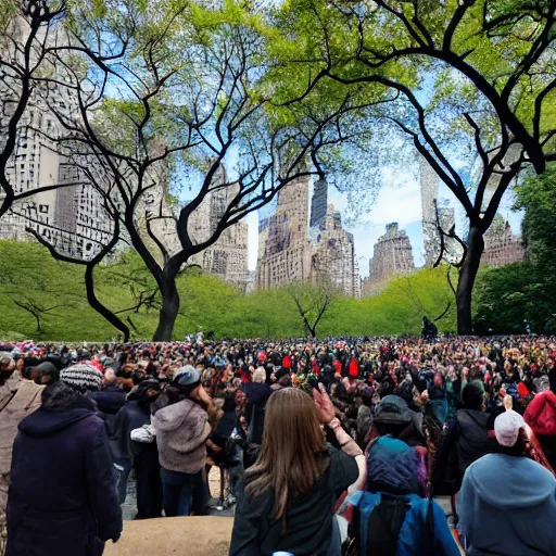 Image similar to a crowd of people watching and waving to a departing ufo in Central Park