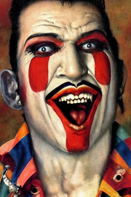 Prompt: a closer personal portrait of!!!!!! clownvis presley!!!!!! very charismatic. in the old ancient temple. masterpiece, dark. painted by norman rockwell and james gurney