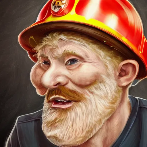 Prompt: An old man with a ginger beard, wearing a fire fighters helmet, highly detailed, digital art, sharp focus, trending on art station, anime art style