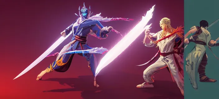 Prompt: character design, idle, colored, sword, sprite, tekken, pc game, sideview, art by moebius and greg rutkowski! dream character design, idle, colored, sword, sprite, hades by supergiant games, pc game, sideview, art by moebius and greg rutkowski and artgerm