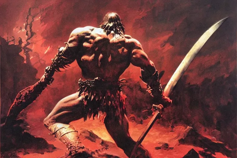 Image similar to Barbarian warrior emerging from a lake of blood with the sword of destruction in his hands, dramatic lighting, by Frank Frazetta