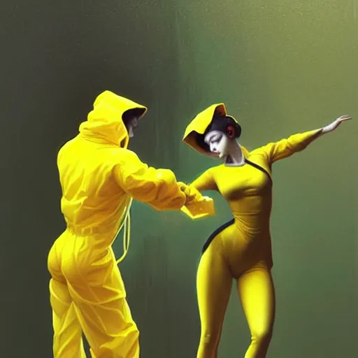 Image similar to a man in a yellow hazmat suit and a voluminous woman both dancing, intricate, elegant, digital painting, concept art, smooth, sharp focus, illustration, from metal gear, by ruan jia and mandy jurgens and william - adolphe bouguereau, artgerm