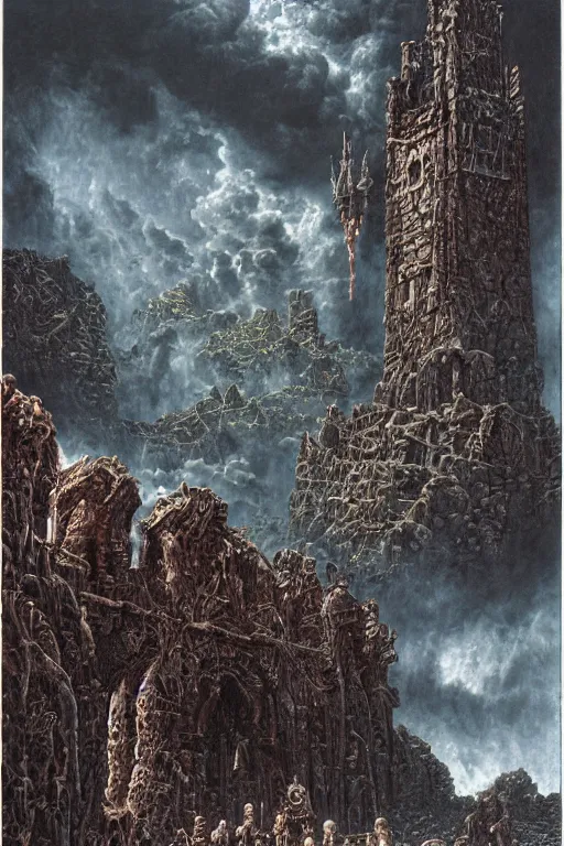 Image similar to Artwork by Ted Nasmith of the cinematic view of the Inescapable Stronghold of Forgotten Pain.