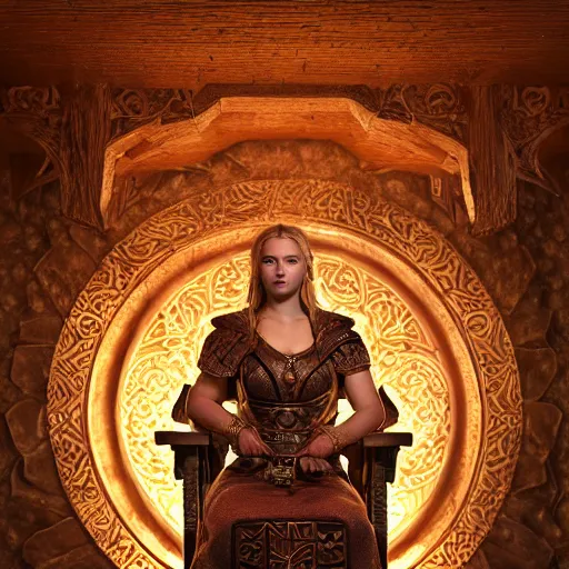 Image similar to the elder scrolls vi, majestic, gracious regal blonde female nord jarl portrait, rustic throne room, mysterious atmospheric lighting, painted, intricate, volumetric lighting, beautiful, rich deep colours masterpiece, golden hour, golden ratio, sharp focus, ultra detailed by leesha hannigan, ross tran, thierry doizon, kai carpenter, ignacio fernandez rios