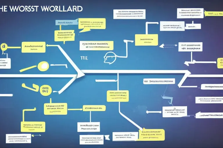 Image similar to The world's worst PowerPoint slide ever, overloaded, flowcharts, mindmaps, shapes, arrows