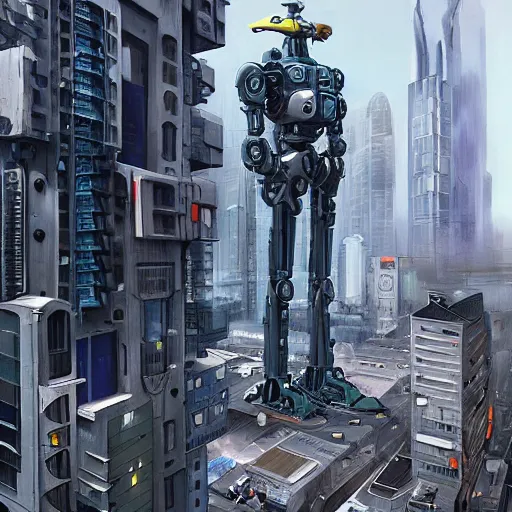 Prompt: A picture of giant robot buildings that have mechanical parts, walking in a urban landscape, sci fi, detailed, hyper realistic