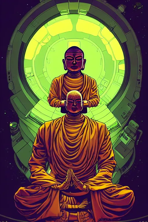 Prompt: protrait cyborg astronaut buddha meditating illustration, golden ratio, post grunge portrait, concept art by josan gonzalez, james jean, Mike Mignola, Laurie Greasley, highly detailed, sharp focus, alien, Artstation, deviantart, artgem