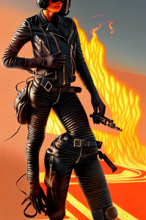 Prompt: a ultradetailed beautiful panting of post apocalyptic woman with motorbike in leather jacket with helmet in front of burning desert, anatomically correct, pretty face, high detailed face, by ilya kuvshinov, greg rutkowski and makoto shinkai, trending on artstation
