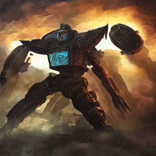 Image similar to wide scene, armored sci - fi god of destructuion manifests floating in midair