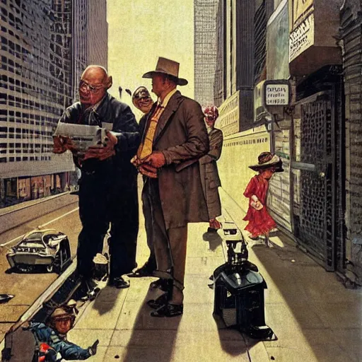 Prompt: A science fiction spy sneaks into a city, by Norman Rockwell.