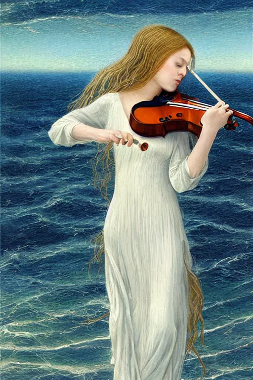 Prompt: beautiful mystical digital painting girl playing a violin wearing a long white dress over a wavy ocean by carlos Shwabe