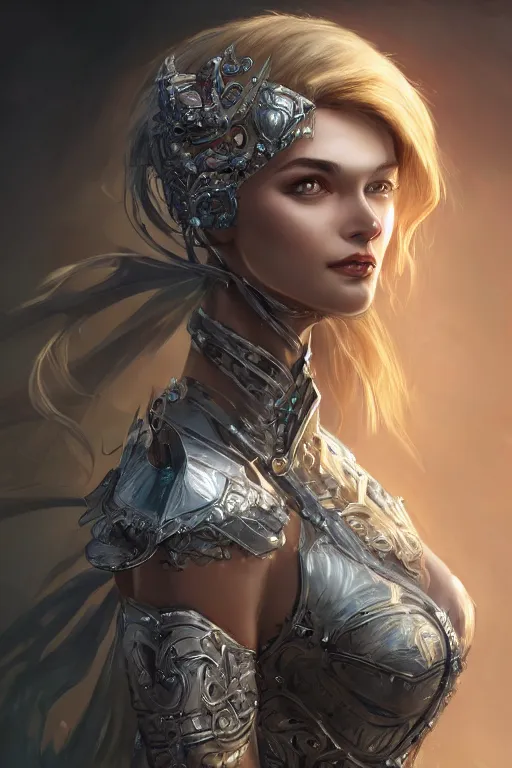 Prompt: three-quarters portrait pose of a beautiful woman, slim body, shining armor, human warrior, fantasy, intricate, elegant, highly detailed, digital painting, artstation, concept art, matte, sharp focus,D&D, illustration, art by Stanley Lau