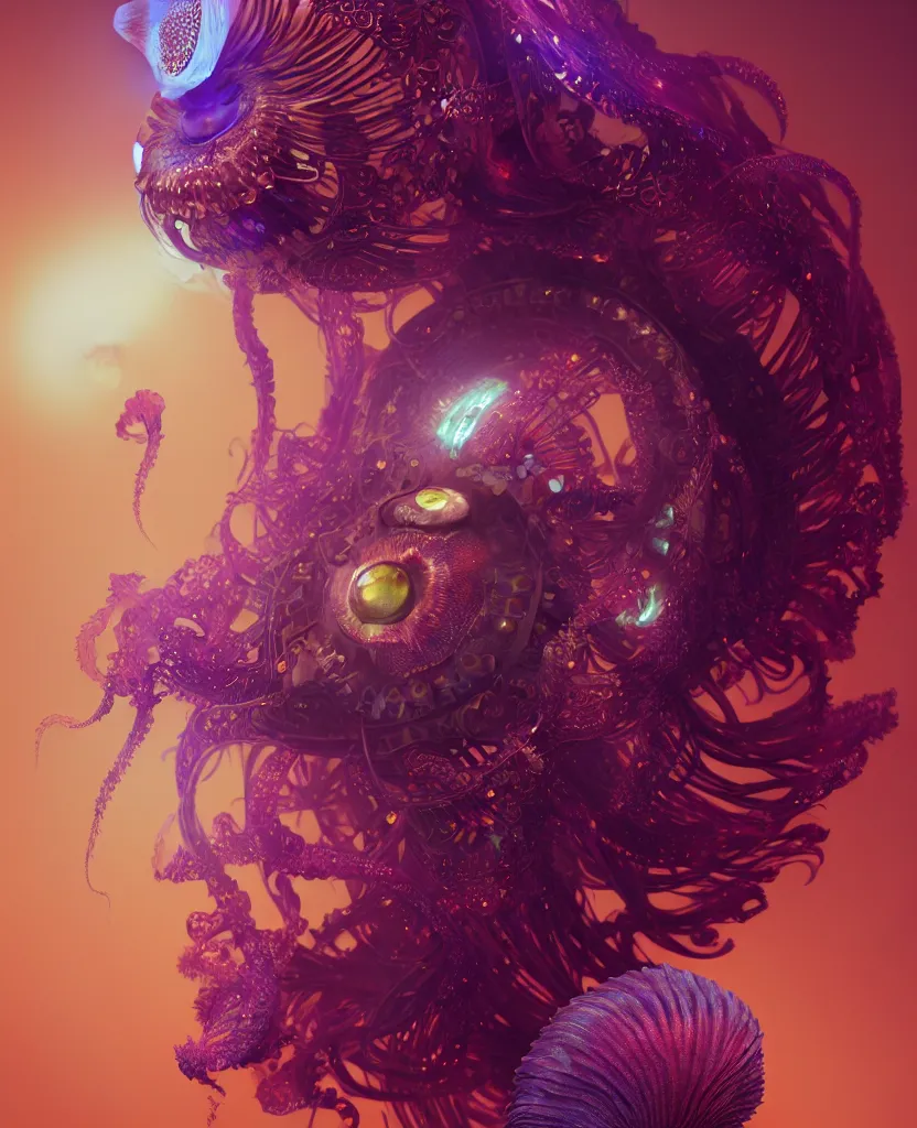 Image similar to goddess close-up portrait. chimera orchid jellyfish phoenix head, nautilus, skull, betta fish, bioluminiscent creatures, intricate artwork by Tooth Wu and wlop and beeple. octane render, trending on artstation, greg rutkowski very coherent symmetrical artwork. cinematic, hyper realism, high detail, octane render, 8k