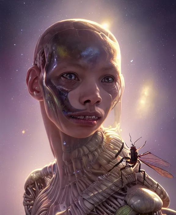 Image similar to portrait of a alien insect monster, adorable, childlike, milky way environment, ultra realistic, concept art, intricate details, cheerful, highly detailed, photorealistic, octane render, 8 k, unreal engine. art by christopher marley and artgerm and greg rutkowski and alphonse mucha