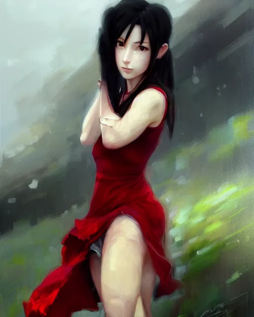 Image similar to tifa lockhart in a red cottagecore dress, portrait, illustration, rim light, top light, overcast cloudy weather, perfectly shaded, soft painting, art by krenz cushart, william turner and wenjun lin